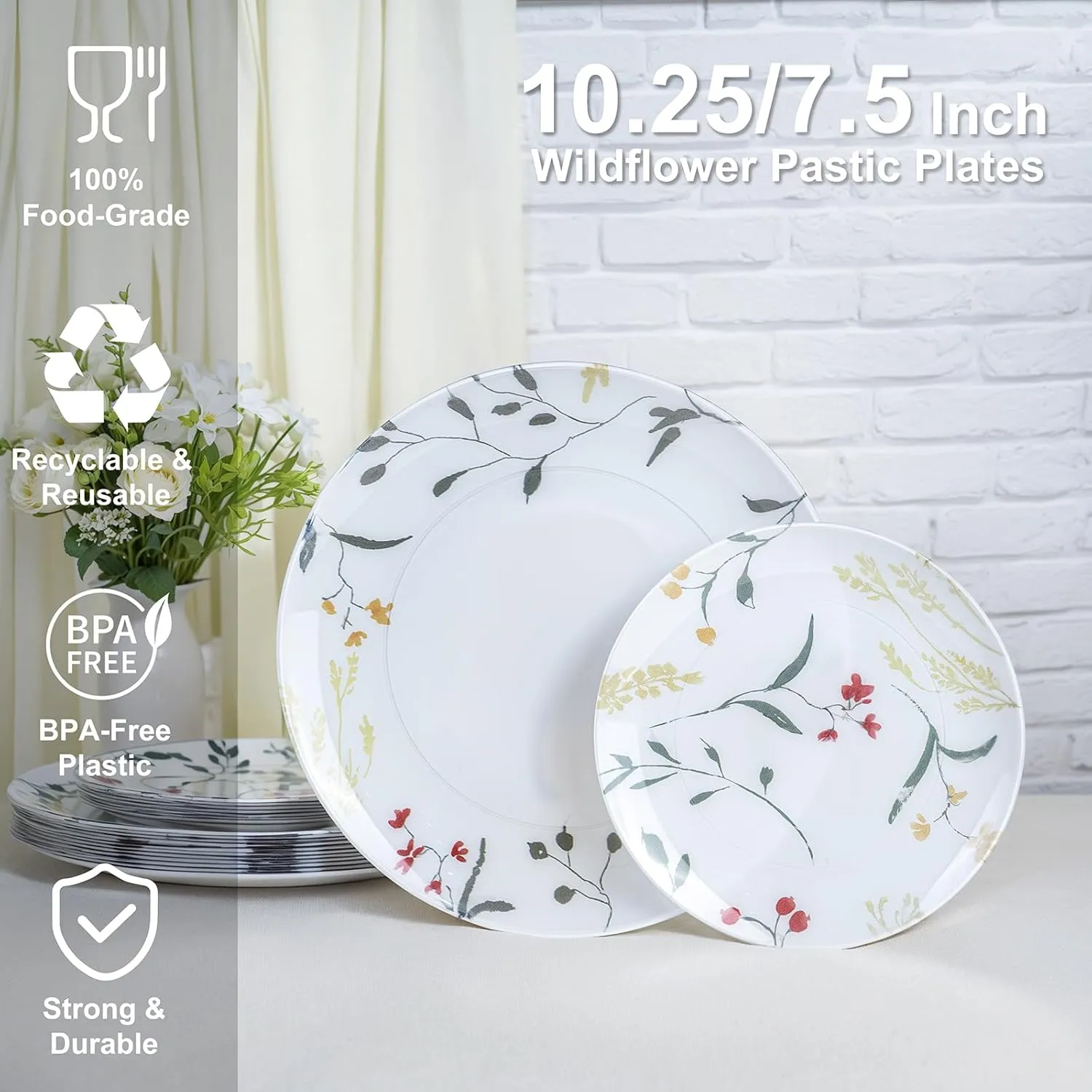 U-QE 20Pcs Wildflower Plastic Plates - Spring Floral Plates Disposable Heavy Duty, Fancy Floral Pattern Perfect for Weddings, Tea Parties, Holidays - 10.25" Dinner Plate & 7.5" Dessert Plate