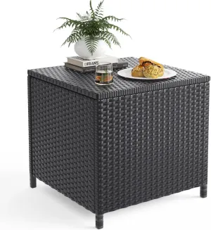 UDPATIO Outdoor Wicker Side Table with Storage Patio Rattan End Table Small Resin Square Container Coffee Table Backyard Pool for Furniture Covers, Toys and Gardening Tools (Black)
