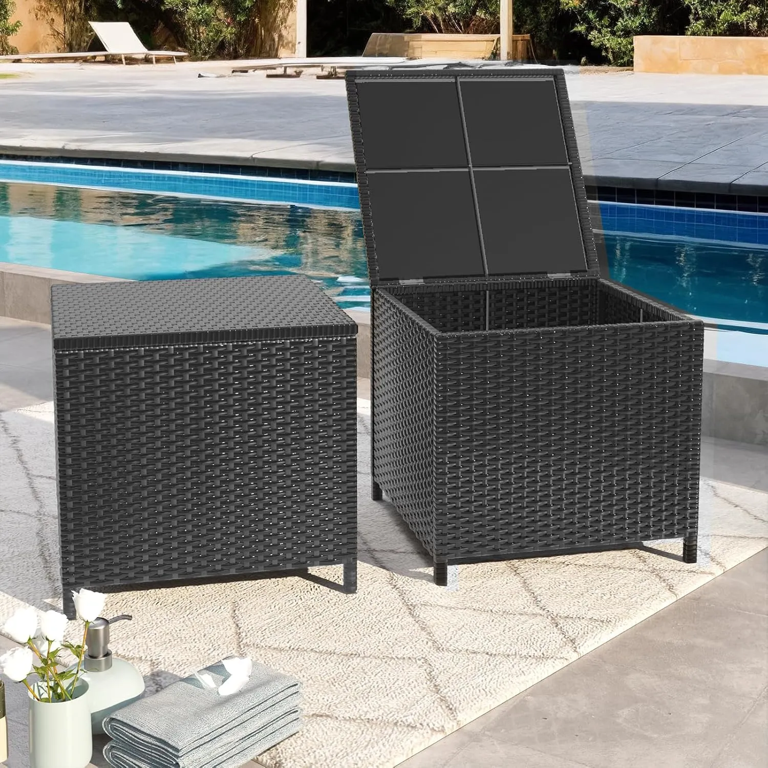 UDPATIO Outdoor Wicker Side Table with Storage Set of 2 Patio Rattan End Table Small Resin Square Container Coffee Table Backyard Pool for Furniture Covers, Toys and Gardening Tools (Black)