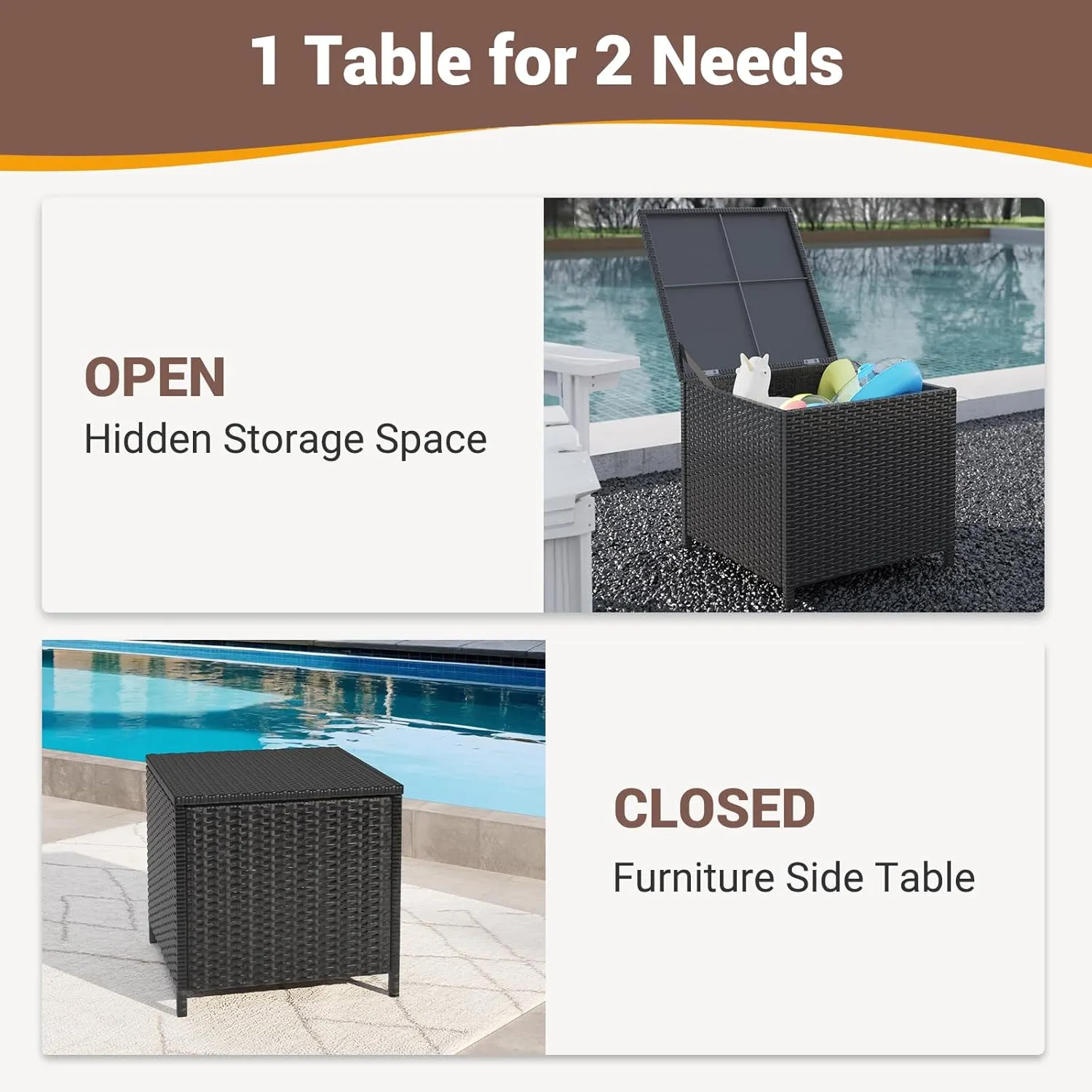 UDPATIO Outdoor Wicker Side Table with Storage Set of 2 Patio Rattan End Table Small Resin Square Container Coffee Table Backyard Pool for Furniture Covers, Toys and Gardening Tools (Black)