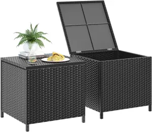 UDPATIO Outdoor Wicker Side Table with Storage Set of 2 Patio Rattan End Table Small Resin Square Container Coffee Table Backyard Pool for Furniture Covers, Toys and Gardening Tools (Black)