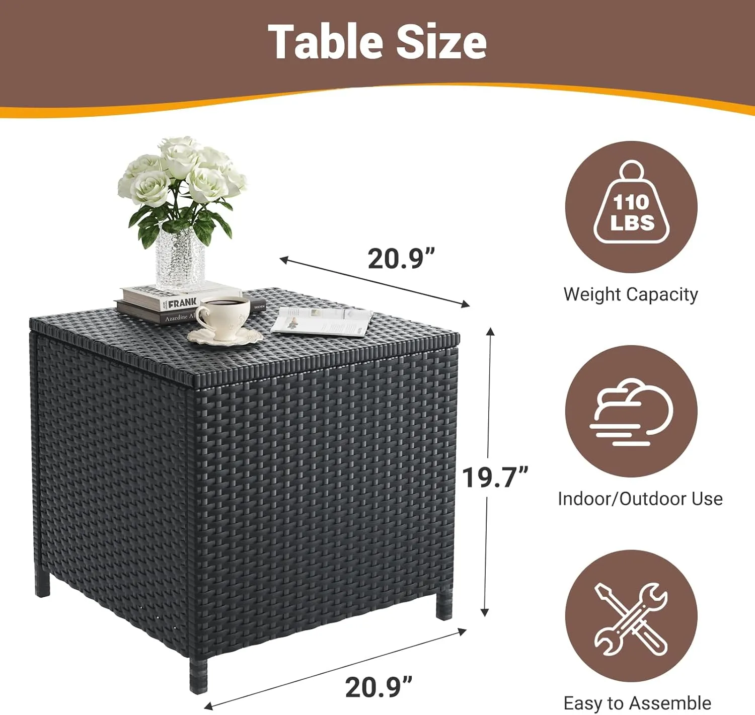 UDPATIO Outdoor Wicker Side Table with Storage Set of 2 Patio Rattan End Table Small Resin Square Container Coffee Table Backyard Pool for Furniture Covers, Toys and Gardening Tools (Black)