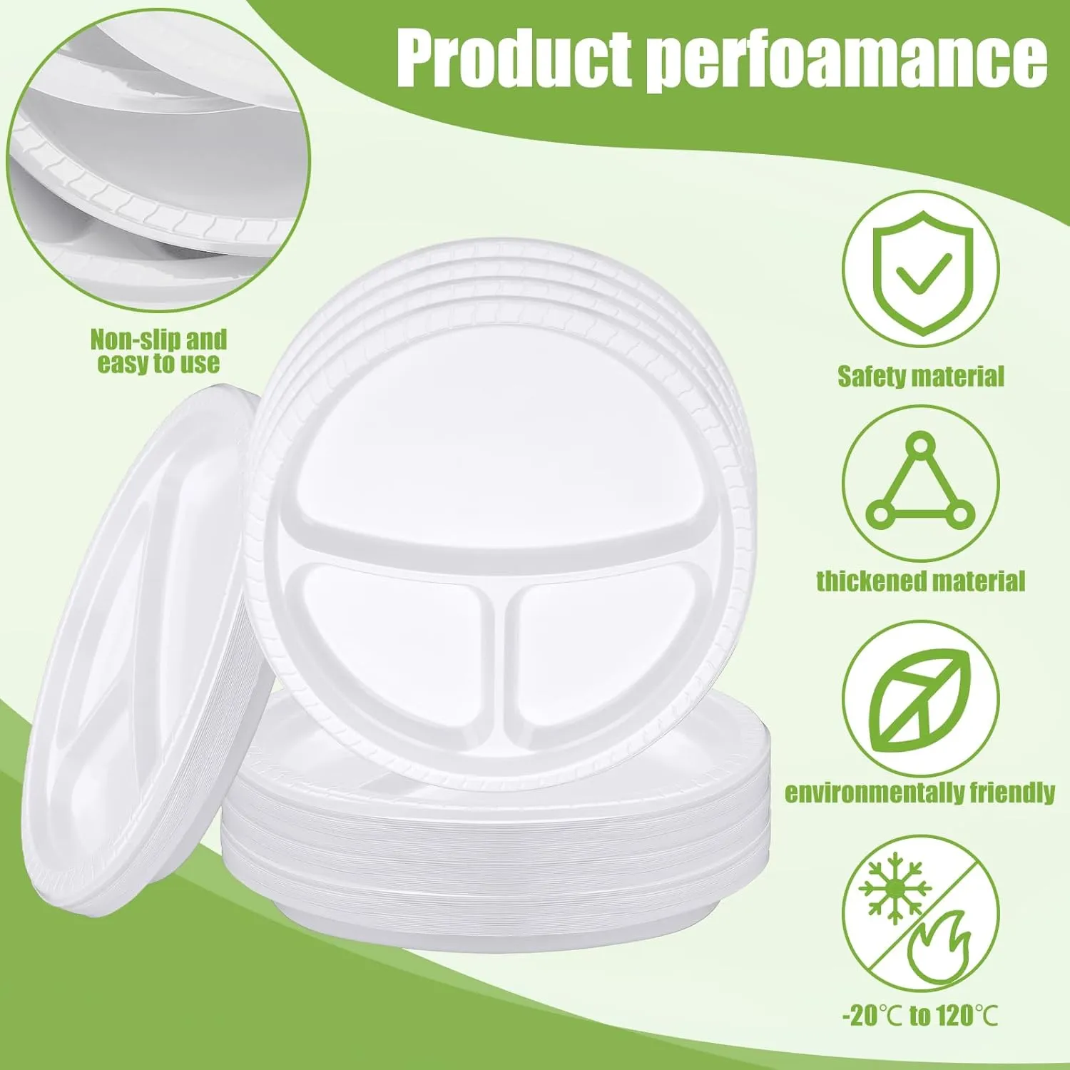 Umigy 100 Pcs 10 Inch 3 Compartments Divided Plastic Plates Bulk Colorful Disposable Heavy Duty Round Dinnerware for Valentine's Day Wedding Birthday Party(White)