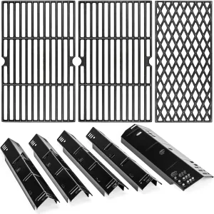 Uniflasy Grill Replacement Parts for Dyna-Glo DGH474CRP,DGH485CRP,Grill Part Kit for Dyna-Glo 3/4/5 Burner Grill,5-Pack Porcelain Steel Grill Heat Plates, 3-Pack Cast Iron Cooking Grates