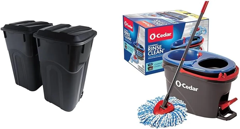 United Solutions 32 Gallon 2 Pack Outdoor Trash Can Bundle with O-Cedar EasyWring Microfiber Spin Mop and Bucket Floor Cleaning System