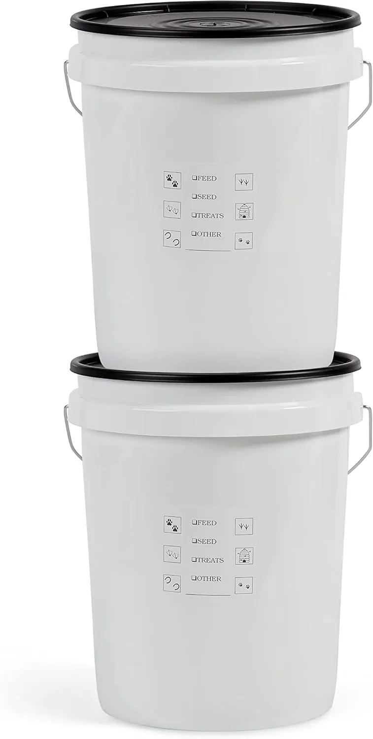 United Solutions Airtight Pet Food Storage Container, 5 Gallon Capacity, Great for Dog Food, Cat Food, Bird Seed, Dry Food Storage, White Container with Black Lid, 2-Pack