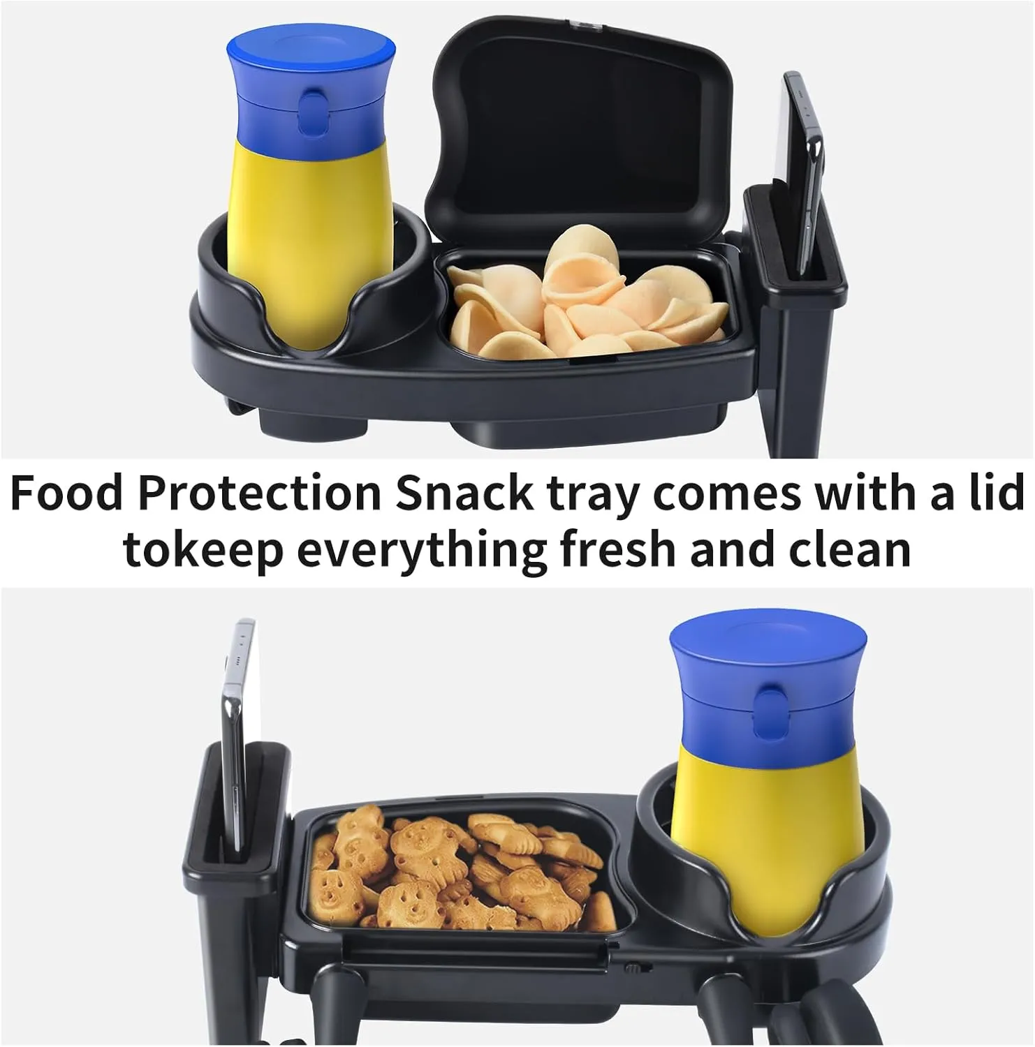 Universal Stroller Snack Tray, 3 in 1 Stroller Cup Holder Tray with Phone Holder Silicone Flexible Arms Grip Stroller Tray for Uppababy, Baby Jogger, Britax, BOB Stroller Wheelchair Accessories