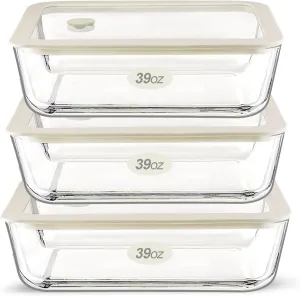 Urban Green Glass Food Storage Container Sets with Glass Lids, 3 Pack, Meal Prep Food Containers with Airtight Lids, Microwave Safe, Oven Safe, LeakProof, 100% Plastic Free, (White Color)