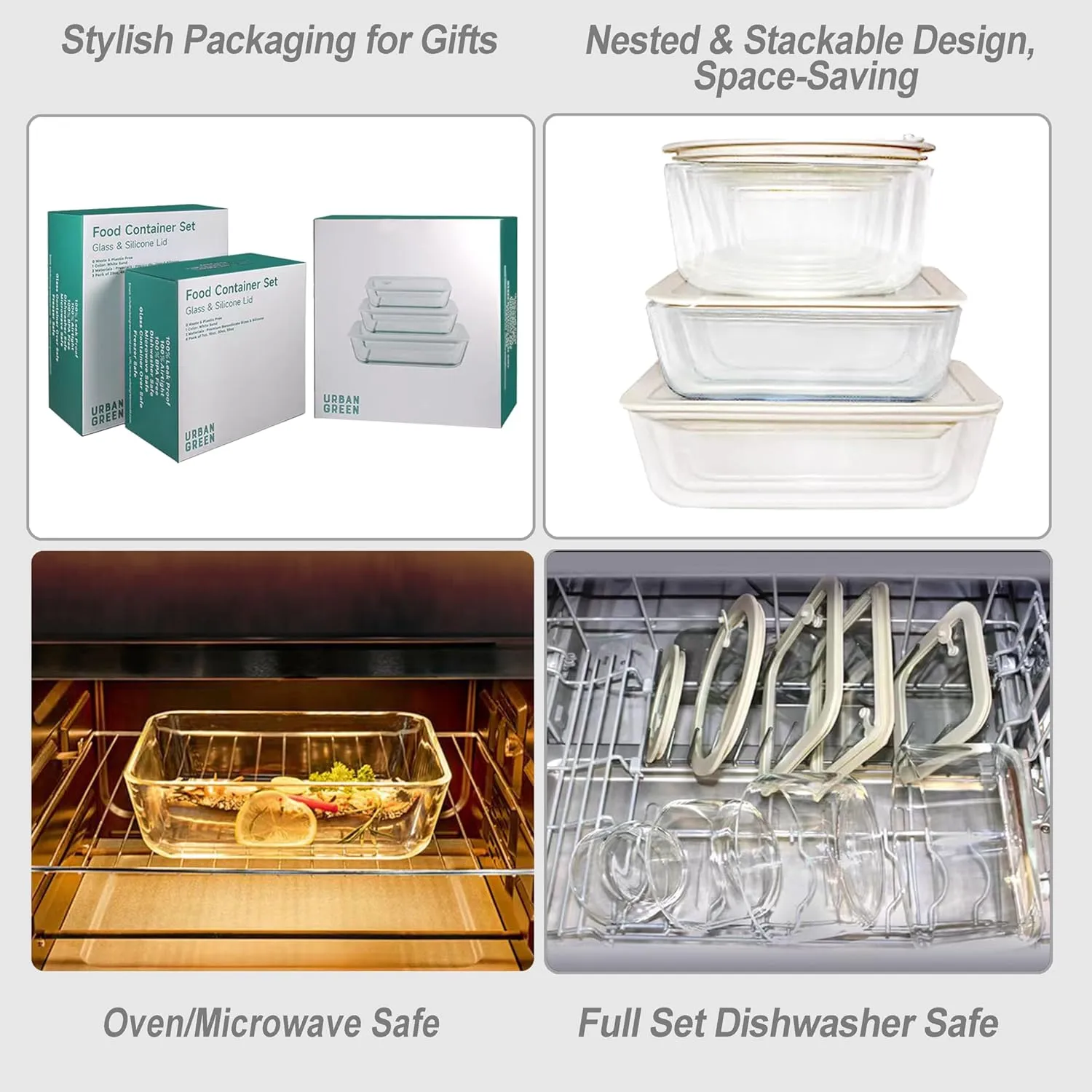 Urban Green Glass Food Storage Container Sets with Glass Lids, 3 Pack, Meal Prep Food Containers with Airtight Lids, Microwave Safe, Oven Safe, LeakProof, 100% Plastic Free, (White Color)