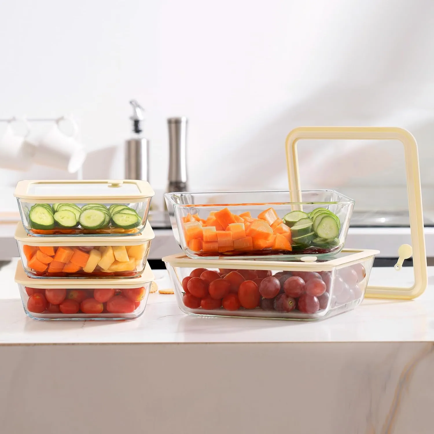 Urban Green Glass Food Storage Container Sets with Glass Lids, 3 Pack, Meal Prep Food Containers with Airtight Lids, Microwave Safe, Oven Safe, LeakProof, 100% Plastic Free, (White Color)