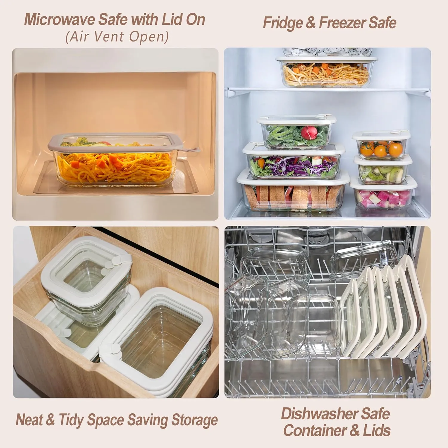 Urban Green Glass Food Storage Containers with Glass Lids, Microwave Safe Food Container Set, Airtight Food Container Set, LeakProof, 100% Plastic Free, White Color, 4pack