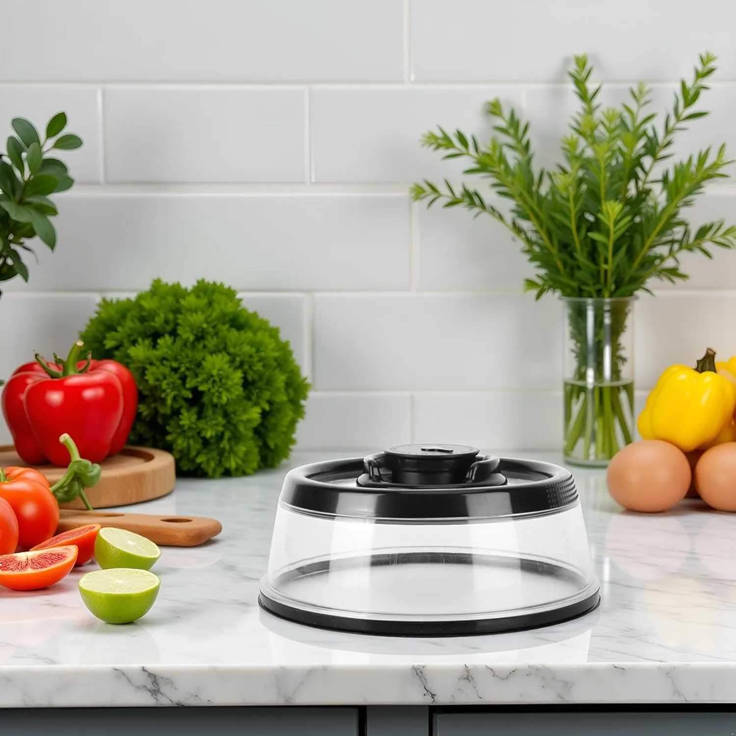 Vacuum Food Sealer Cover, Press Type Vacuum Air Tight Food Sealer Container Plate Platter Lid Cover Topper Dome(Black)