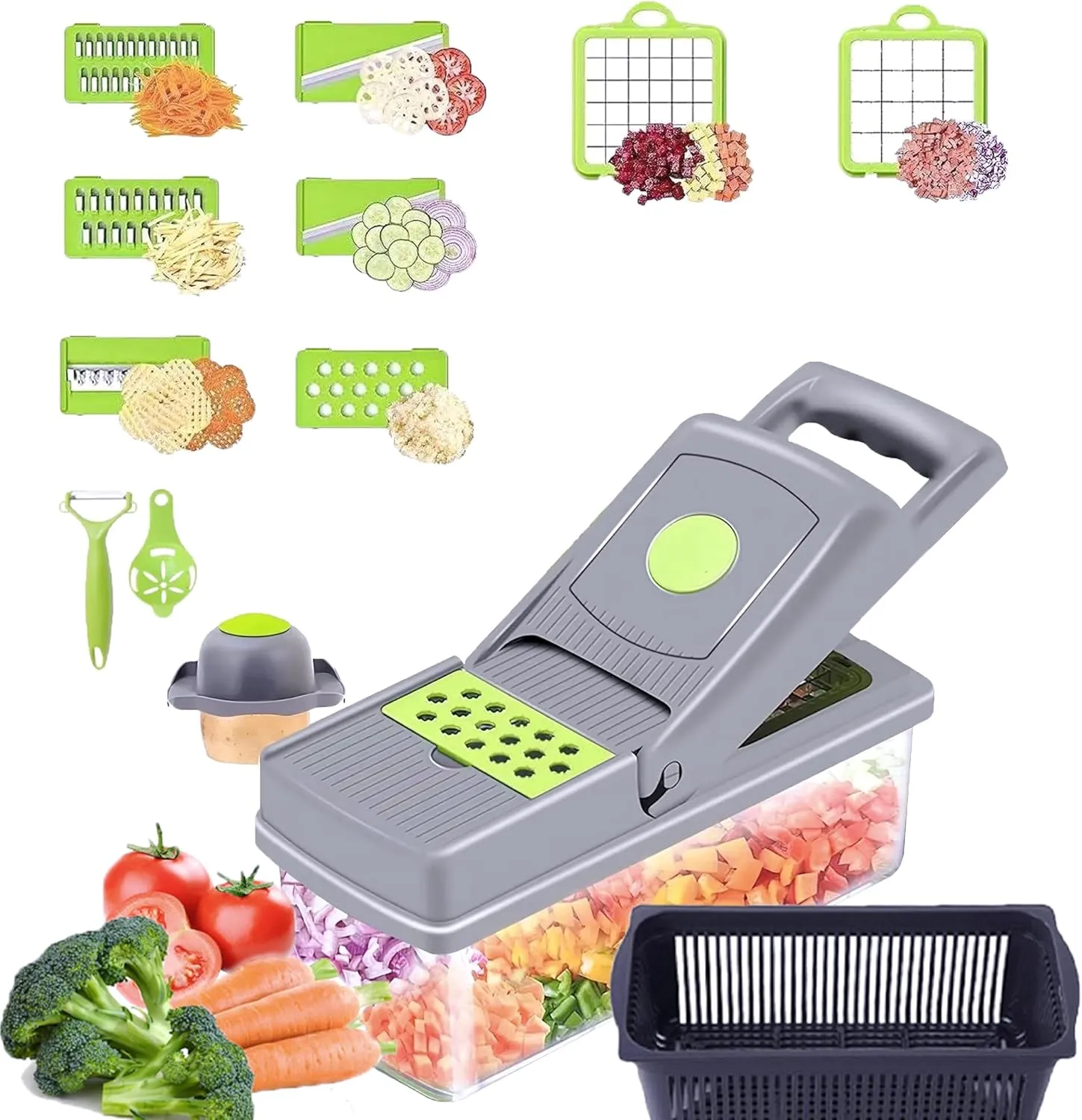 Vegetable Chopper, 14-in-1 With Container Multifunctional Food Chopper, With 8 Blades To Cut Food Into Different Shapes For Salad, Potato, Carrot, And Garlic, Essential Kitchen Gadget