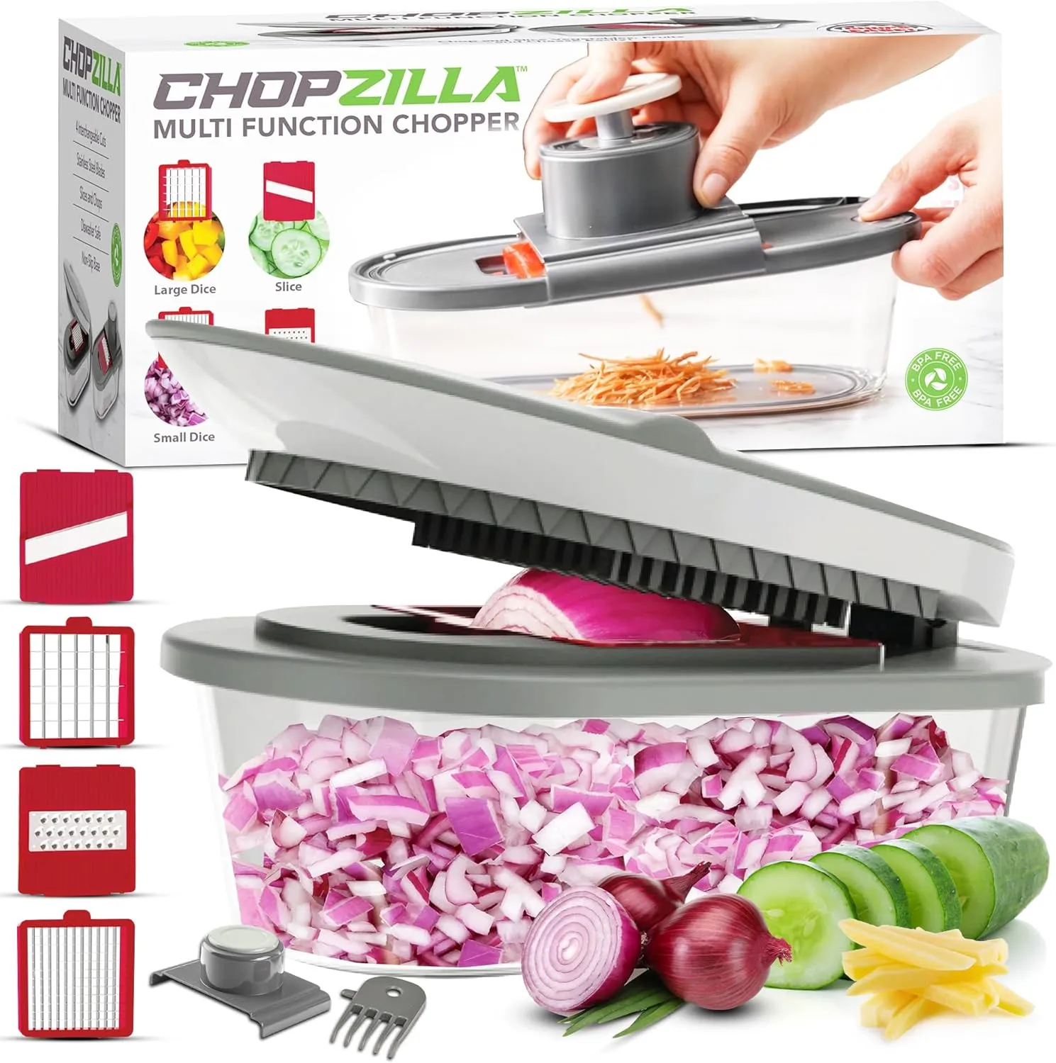 Vegetable Chopper and Mandoline Slicer for Kitchen with 4 Blades, Scraper and Container, ALL in 1 Sharp Veggie Chopper Vegetable Cutter, French Fry Cutter, Onion, Fruit, Salad, Potato