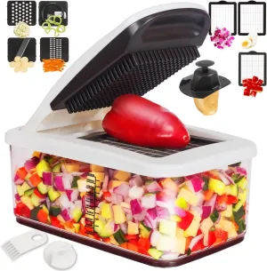 Vegetable Chopper, Extra Large Chopper Vegetable Cutter, Multifunctional 10-in-1 Pro Food Chopper - 6 Blades, 4 Vegetable Spiralizers, E-Recipes - Veggie Chopper with Container