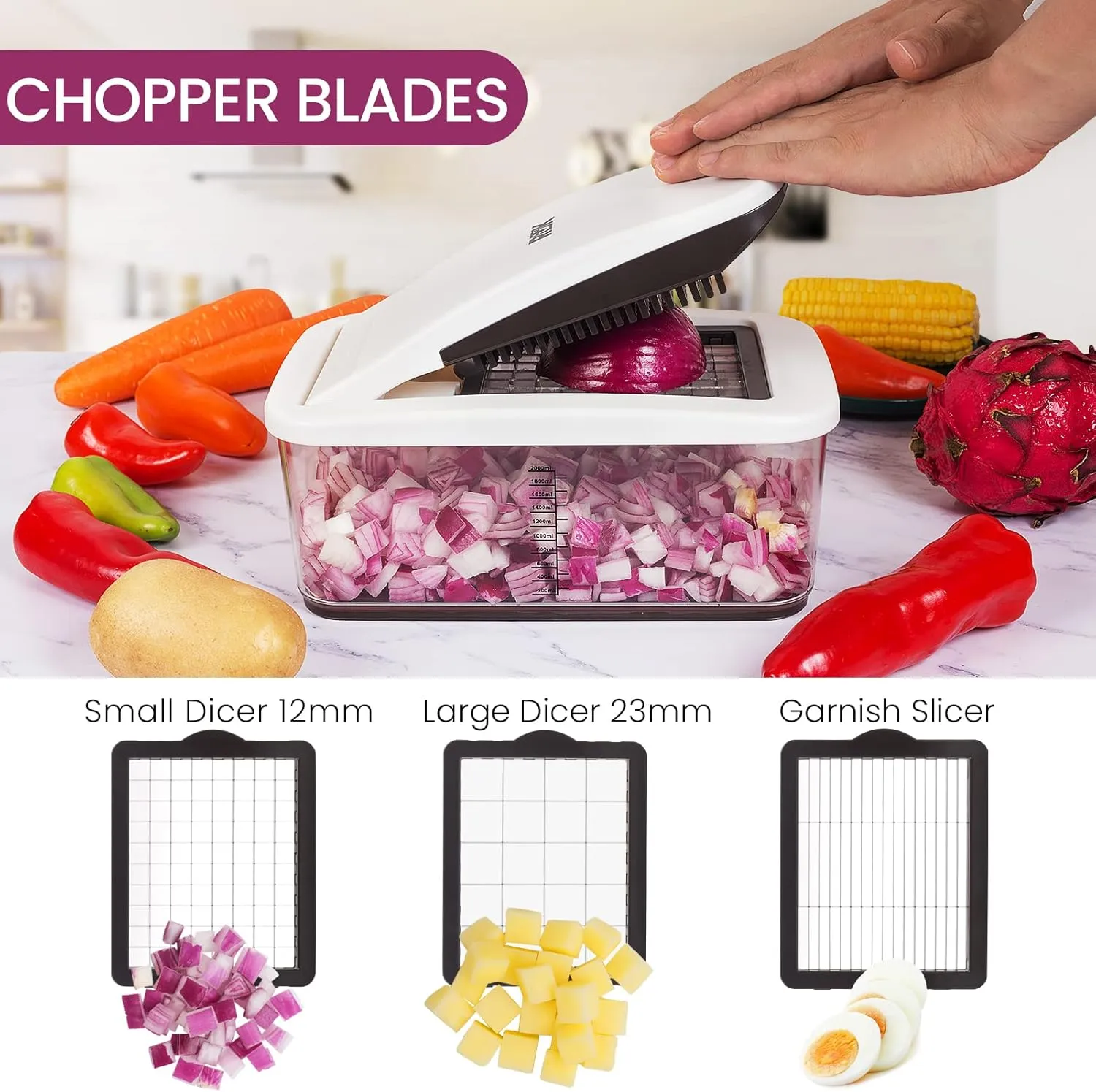 Vegetable Chopper, Extra Large Chopper Vegetable Cutter, Multifunctional 10-in-1 Pro Food Chopper - 6 Blades, 4 Vegetable Spiralizers, E-Recipes - Veggie Chopper with Container