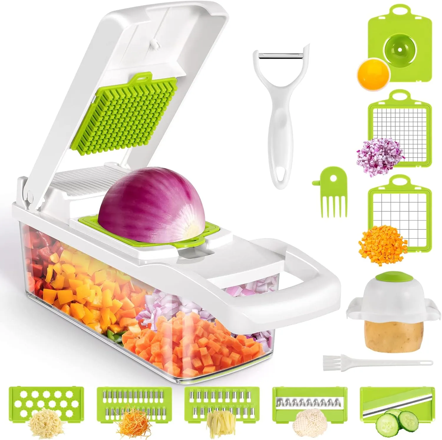 Vegetable Chopper, RJISZTA 13 in 1 Kitchen Food Onion Vegetable Chopper Slicer Dicer Cutter with 8 Blades, Egg slicer,Storage Container for Tomato Potato Carrot Salad