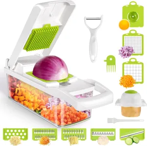 Vegetable Chopper, RJISZTA 13 in 1 Kitchen Food Onion Vegetable Chopper Slicer Dicer Cutter with 8 Blades, Egg slicer,Storage Container for Tomato Potato Carrot Salad