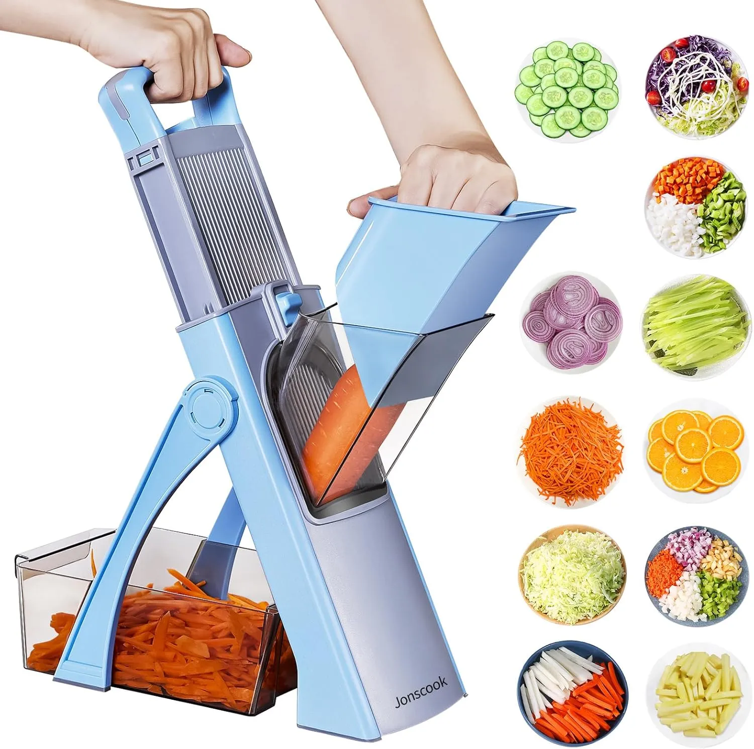 Vegetable Chopper with Adjustable Thickness - Safe Mandoline Food Slicer for Kitchen, Multifunctional Veggie Chopper Vegetable Cutter Slicer Dicer, All in 1, can Slice, Shred -Blue