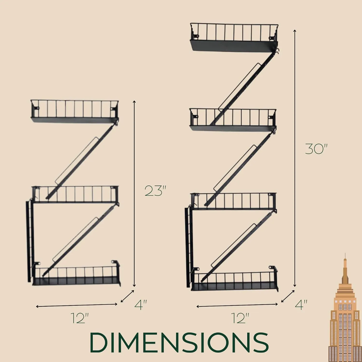 Versatile KAS 4-Tier Metal Fire Escape Wall Shelf | 30" NYC Industrial Floating Shelves for Action Figures | Black Urban Display Ladder with 7.5lb Capacity