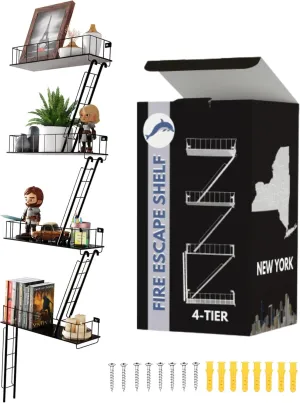 Versatile KAS 4-Tier Metal Fire Escape Wall Shelf | 30" NYC Industrial Floating Shelves for Action Figures | Black Urban Display Ladder with 7.5lb Capacity