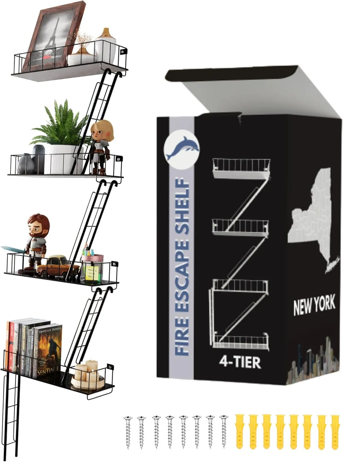 Versatile KAS 4-Tier Metal Fire Escape Wall Shelf | 30" NYC Industrial Floating Shelves for Action Figures | Black Urban Display Ladder with 7.5lb Capacity