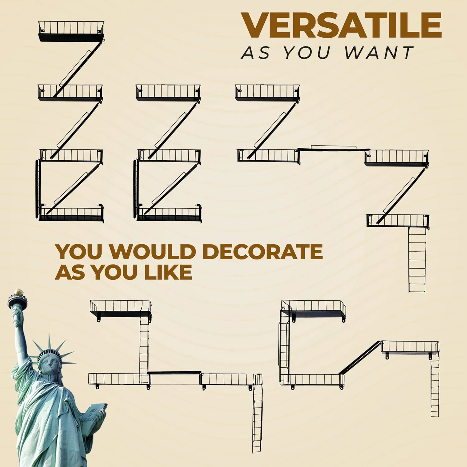 Versatile KAS 4-Tier Metal Fire Escape Wall Shelf | 30" NYC Industrial Floating Shelves for Action Figures | Black Urban Display Ladder with 7.5lb Capacity