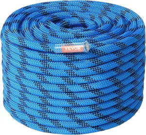 VEVOR 12.7mm Static Climbing Rope, 60.9M(200ft) Outdoor Rock Climbing Rope 30KN Breaking Tension, Fiber Rope with Steel Snap Hooks for Escape, Rappelling, Fire Rescue, Blue