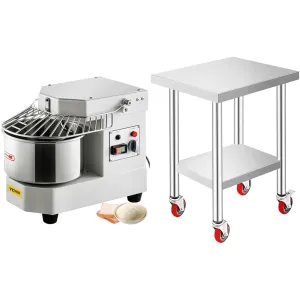 VEVOR Commercial Food Mixer, 8.5Qt Capacity, 450W Dual Rotating Dough Kneading Machine & Mophorn 24x18x34 Inch Stainless Steel Work Table 3-Stage Adjustable Shelf with 4 Wheels Heavy Duty Commercial