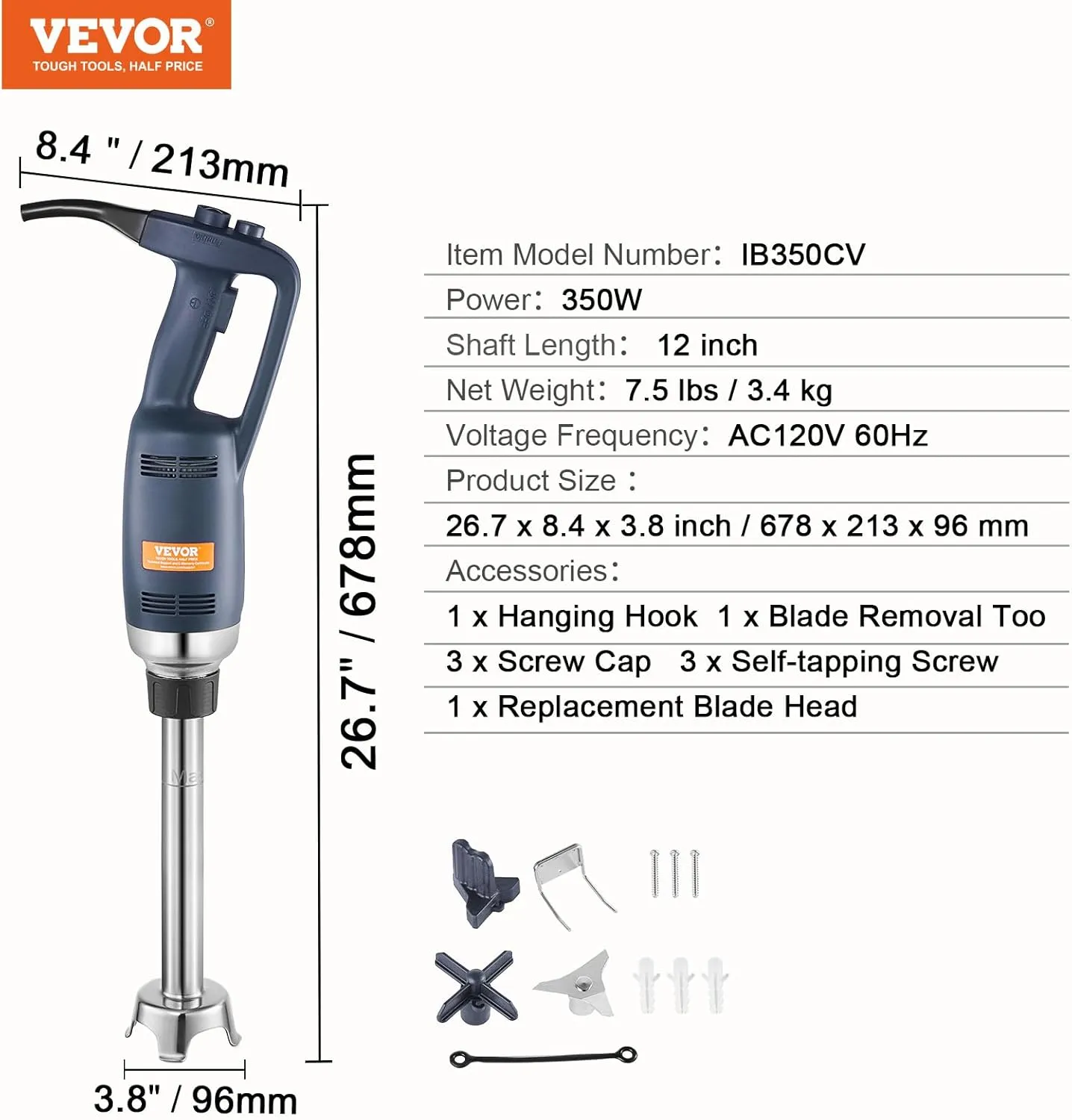 VEVOR Commercial Immersion Blender, 350W Heavy Duty Hand Mixer, 12 inch Stepless Variable Speed Mixer with Stainless Steel Blade, Multi-Purpose Portable Mixer for Soup, Sauces, Mashed Potatoes, Cream