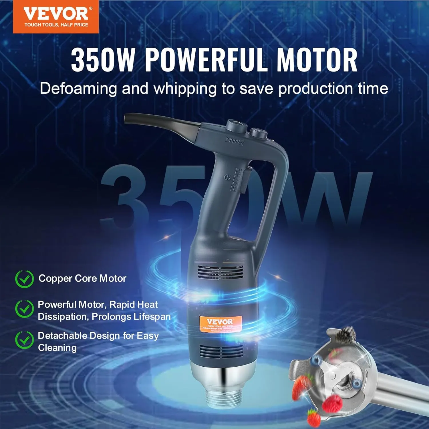 VEVOR Commercial Immersion Blender, 350W Heavy Duty Hand Mixer, 12 inch Stepless Variable Speed Mixer with Stainless Steel Blade, Multi-Purpose Portable Mixer for Soup, Sauces, Mashed Potatoes, Cream