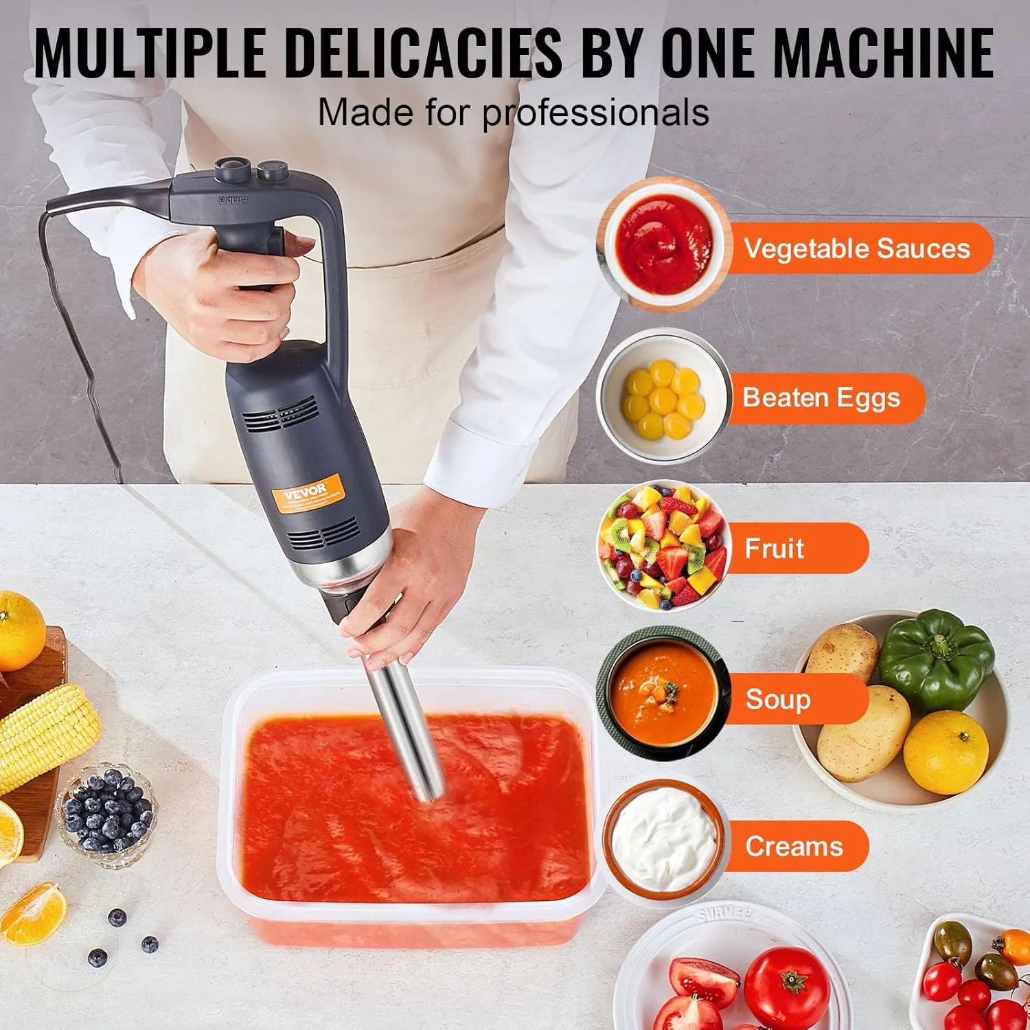 VEVOR Commercial Immersion Blender, 350W Heavy Duty Hand Mixer, 12 inch Stepless Variable Speed Mixer with Stainless Steel Blade, Multi-Purpose Portable Mixer for Soup, Sauces, Mashed Potatoes, Cream