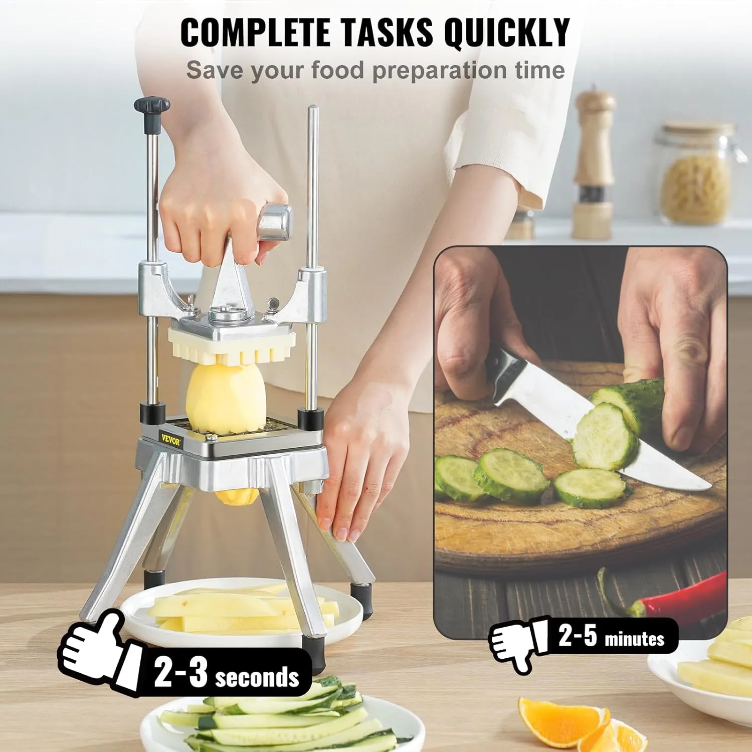 VEVOR Commercial Vegetable Fruit Chopper, Stainless Steel French Fry Cutter w/ 4 Blades 1/4" 3/8" 1/2", Vegetable Chopper Dicer w/Stainless Bowl, Heavy Duty Cutter for Potato Tomato Onion Mushroom