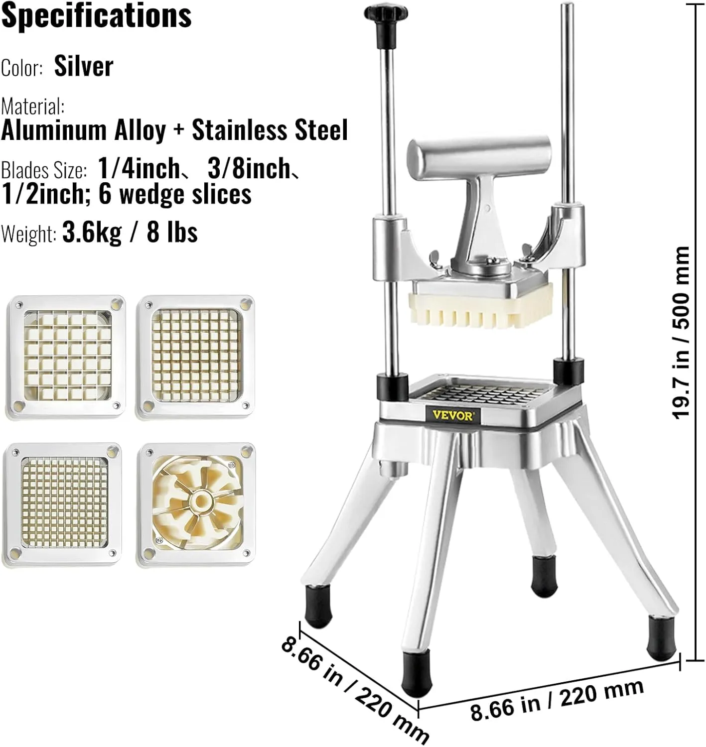 VEVOR Commercial Vegetable Fruit Chopper, Stainless Steel French Fry Cutter w/ 4 Blades 1/4" 3/8" 1/2", Vegetable Chopper Dicer w/Stainless Bowl, Heavy Duty Cutter for Potato Tomato Onion Mushroom