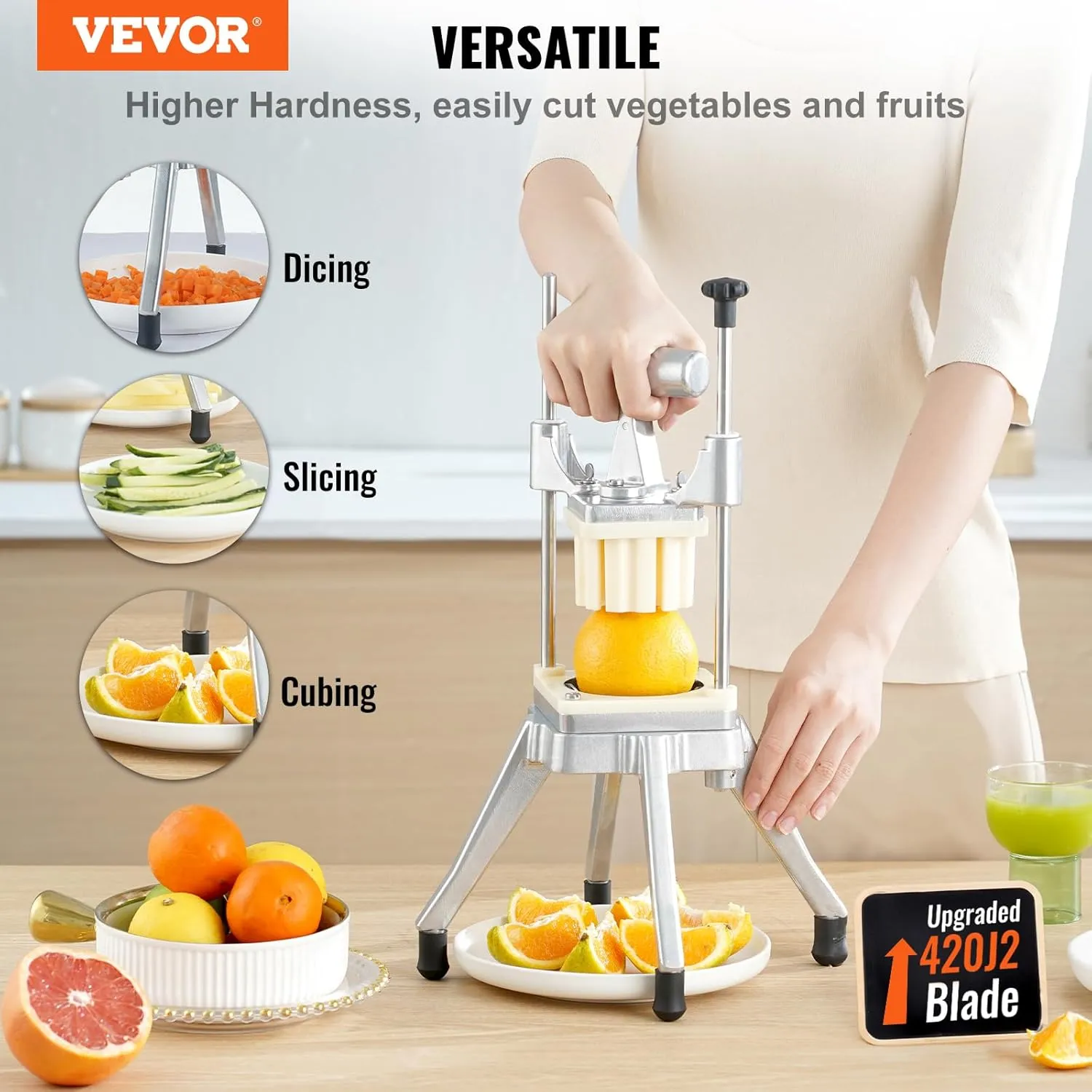 VEVOR Commercial Vegetable Fruit Chopper, Stainless Steel French Fry Cutter w/ 4 Blades 1/4" 3/8" 1/2", Vegetable Chopper Dicer w/Stainless Bowl, Heavy Duty Cutter for Potato Tomato Onion Mushroom