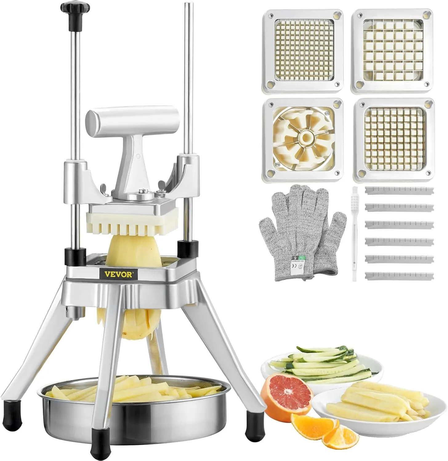 VEVOR Commercial Vegetable Fruit Chopper, Stainless Steel French Fry Cutter w/ 4 Blades 1/4" 3/8" 1/2", Vegetable Chopper Dicer w/Stainless Bowl, Heavy Duty Cutter for Potato Tomato Onion Mushroom