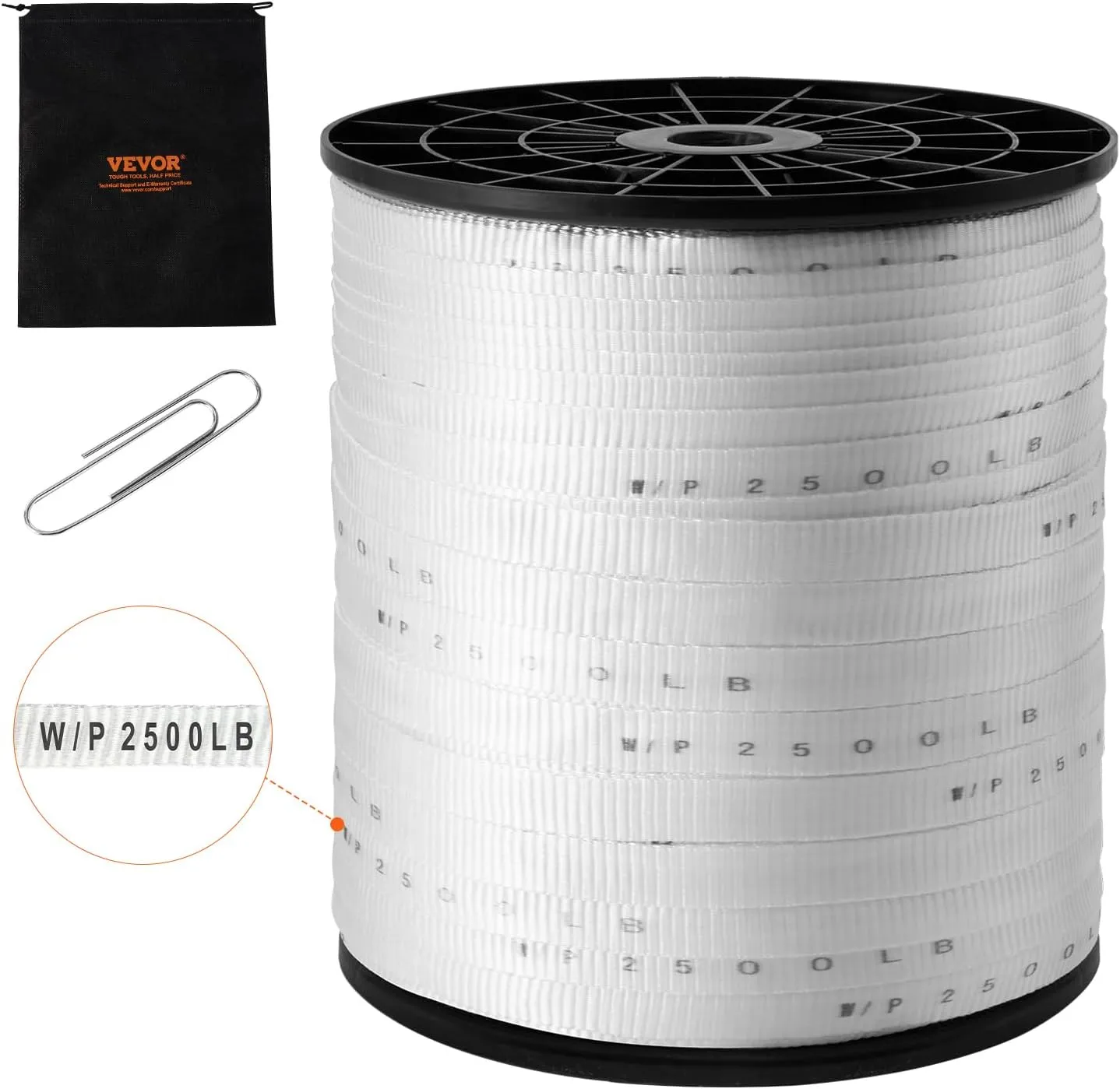 VEVOR Pull Tape, Tensile Capacity, Professional Flat Rope 1053' Extended Reel, Polyester Webbing Suitable for Packaging in Crafting, and Commercial Electrical, 2500 lb (3/4" x 1053 ft), White