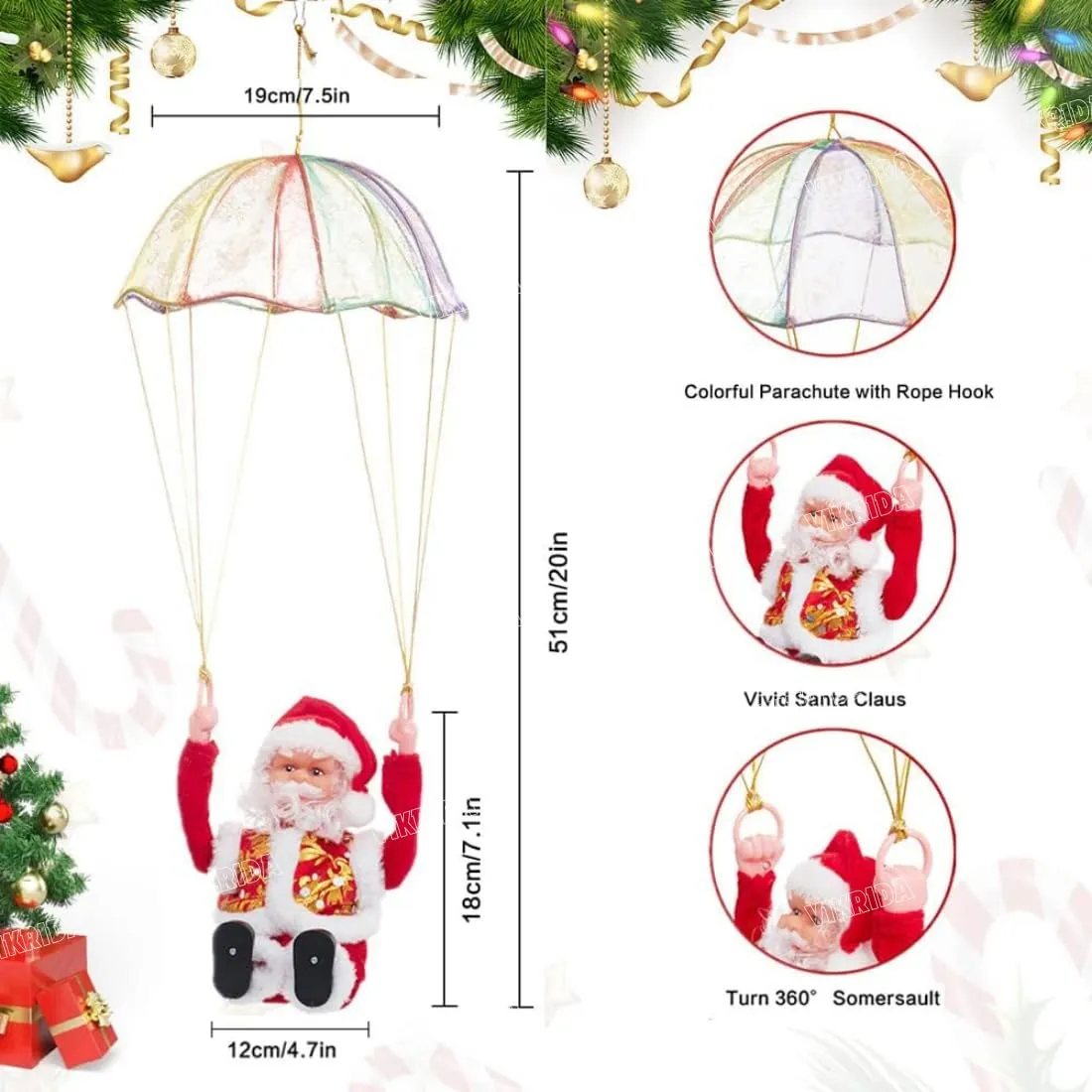 VikriDA Climbing Santa with Music, Christmas Tree Pendant Ornament Novelty Climbing Santa Claus on Rope, Holiday Decoration, Great Gift
