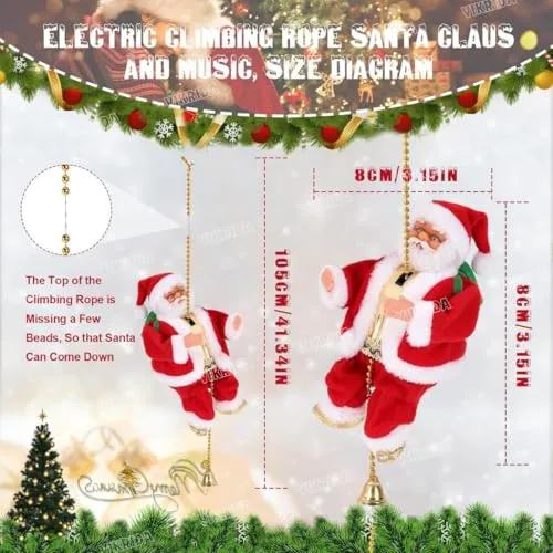VikriDA Climbing Santa with Music, Christmas Tree Pendant Ornament Novelty Climbing Santa Claus on Rope, Holiday Decoration, Great Gift