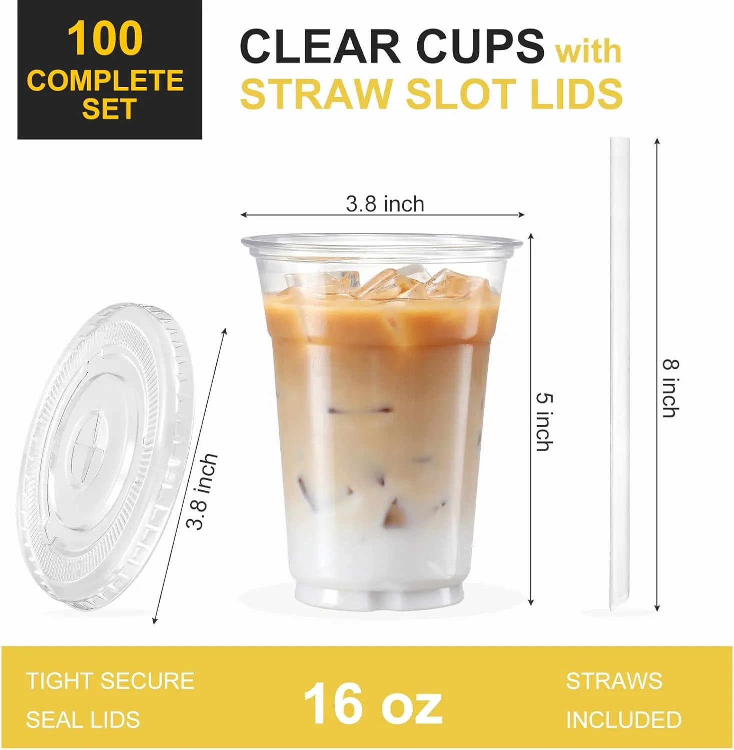 VITEVER [100 Sets - 16oz] Clear Plastic Cups with Lids and Straws, Disposable Iced Coffee Cups for Smoothie, Milkshake, Cold Drinks - BPA free
