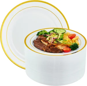 Vplus 100 Piece 10 Inch Gold Plastic Plates Disposable, Heavy Duty White Elegant Durable Dinner Plastic Party Plates with Gold Rim Perfect for Party Christmas
