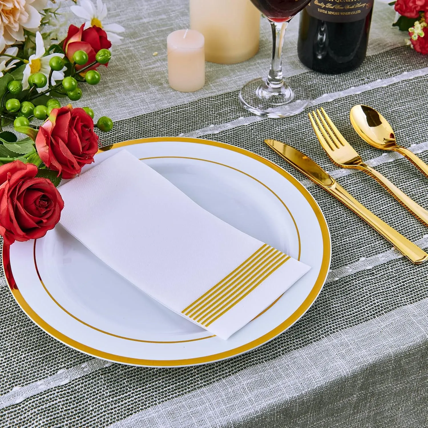 Vplus 100 Piece 10 Inch Gold Plastic Plates Disposable, Heavy Duty White Elegant Durable Dinner Plastic Party Plates with Gold Rim Perfect for Party Christmas