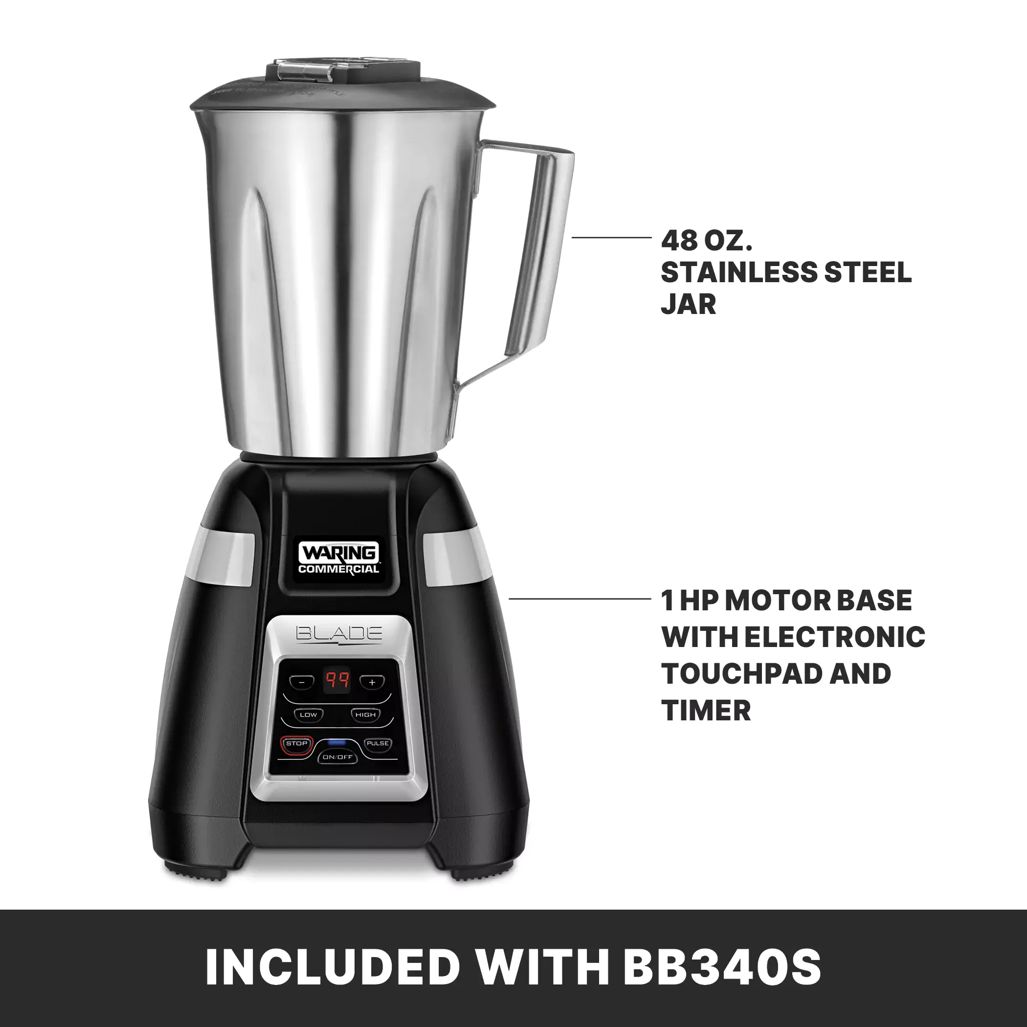 Waring BB340S Blade Series 1 HP Blender with 99-Second Countdown Timer and Stainless Container