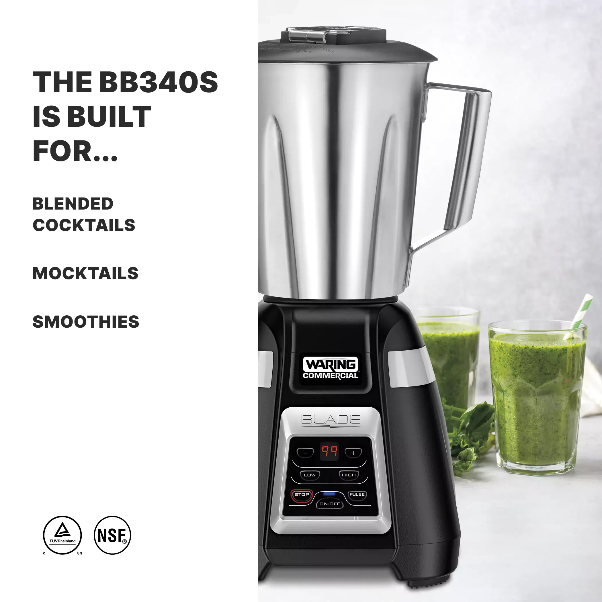 Waring BB340S Blade Series 1 HP Blender with 99-Second Countdown Timer and Stainless Container