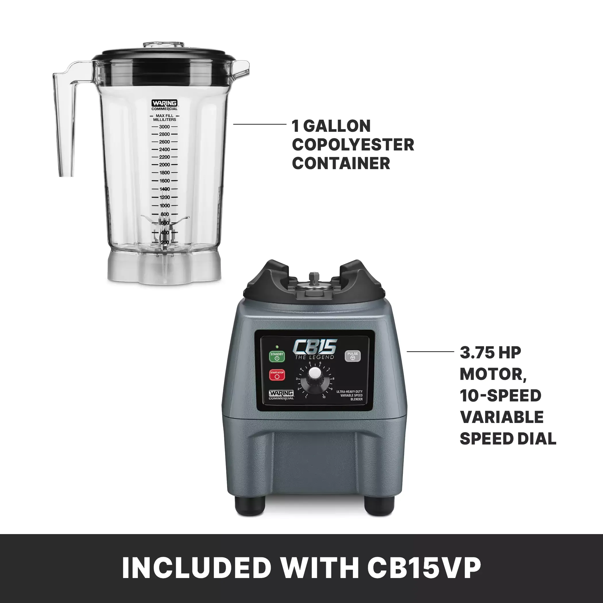 Waring CB15VP 3.75 HP Heavy Duty 1-Gallon Variable Speed Food Blender with Copolyester Container, 120 Volts