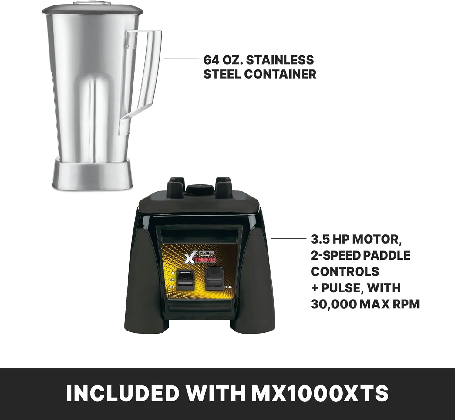 Waring Commercial MX1000XTS 3.5 HP Blender with Paddle Switches, Pulse Feature and a 64 oz. Stainless Steel Container, 120V, 5-15 Phase Plug, Black
