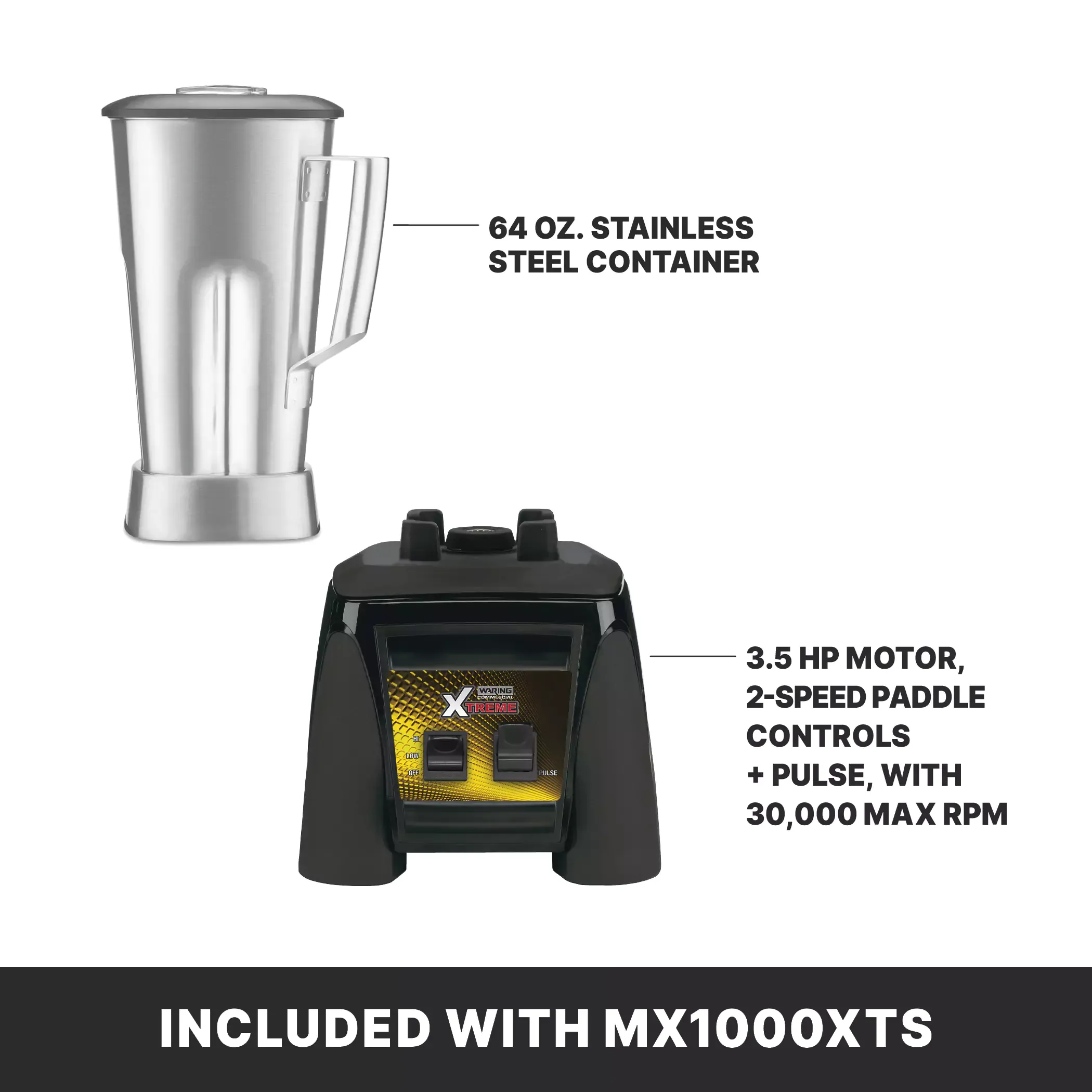 Waring MX1000XTS 3.5 HP Blender with Paddle Switches & 64 oz. Stainless Steel Container, 120 Volts