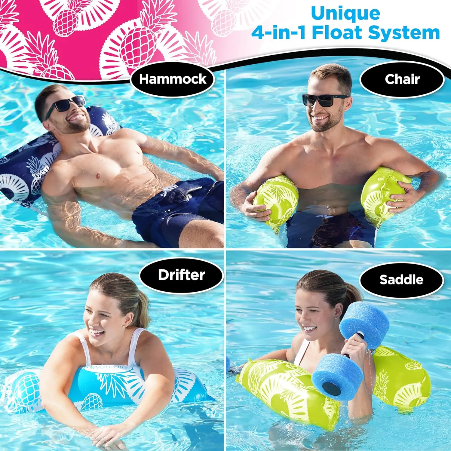 Waterlife 4-in-1 Pool Hammock 2-3-4 Packs, Inflatable Pool Chair Float, Water Hammock (Saddle, Lounge Chair, Hammock, Drifter), Multiple Colors