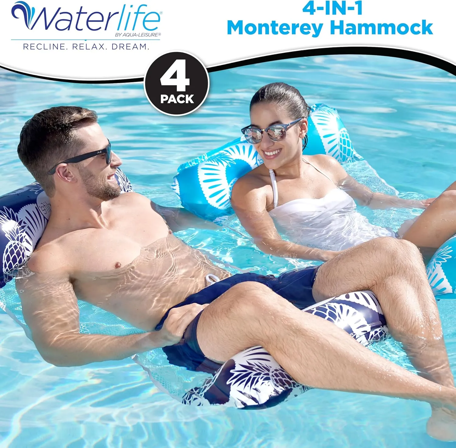 Waterlife 4-in-1 Pool Hammock 2-3-4 Packs, Inflatable Pool Chair Float, Water Hammock (Saddle, Lounge Chair, Hammock, Drifter), Multiple Colors