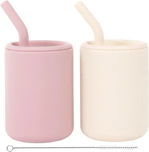 WeeSprout Silicone Baby Cups With Straws and Lids, 4 & 8 oz Options, Set of 2, Food Grade Toddler Training Container, Built In Straw Stoppers, Measurement Markings, Dishwasher Safe   Straw Cleaner